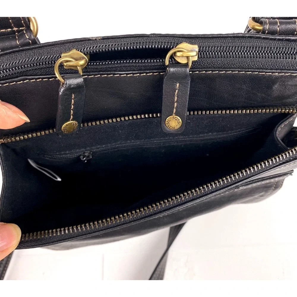 Fossil Leather Shoulder Bag Purse Satchel Black Handbag Crossbody Adjustable VTG